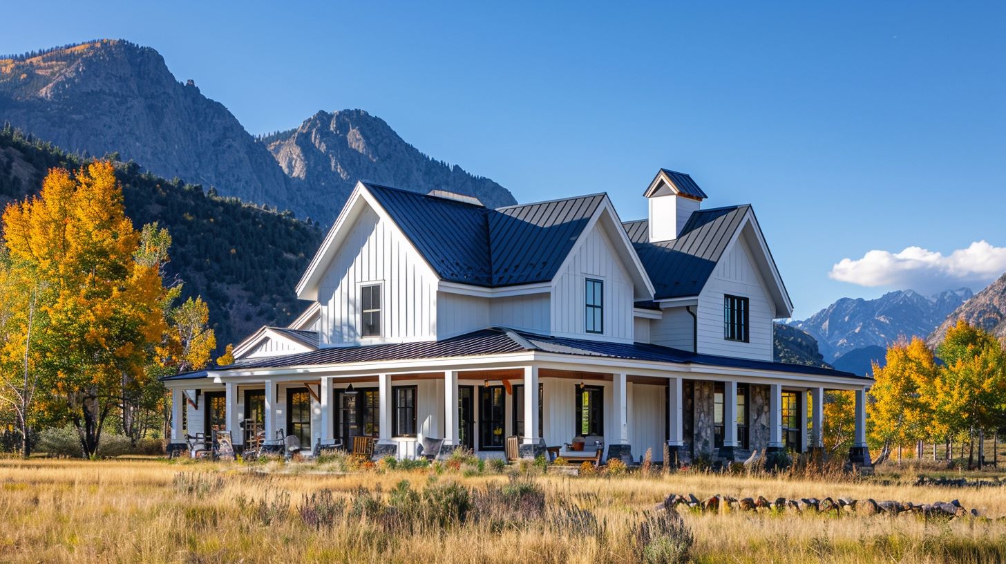 white barndominium mountains